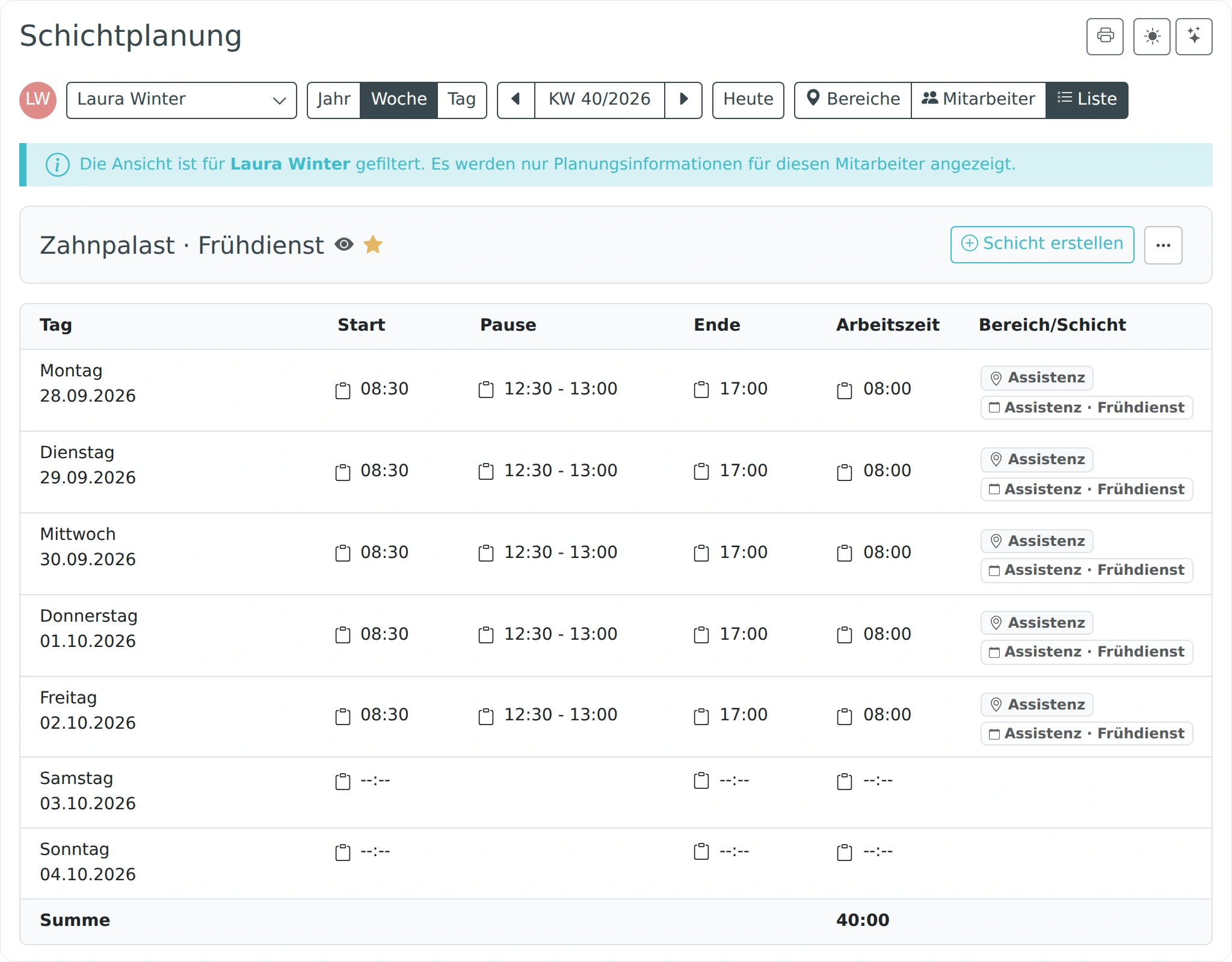 Wochenplan in der Listenansicht