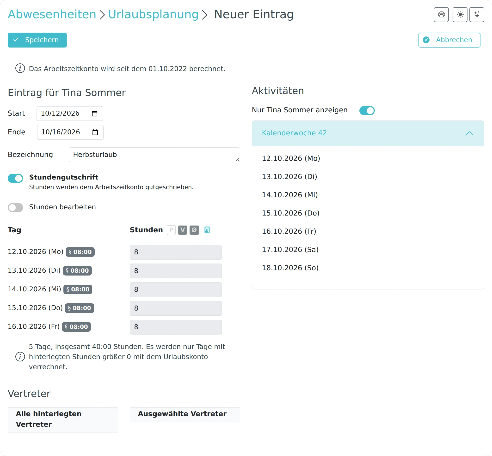 Formular zum Eintragen von Urlaub mit Zeitraum und Stundengutschrift