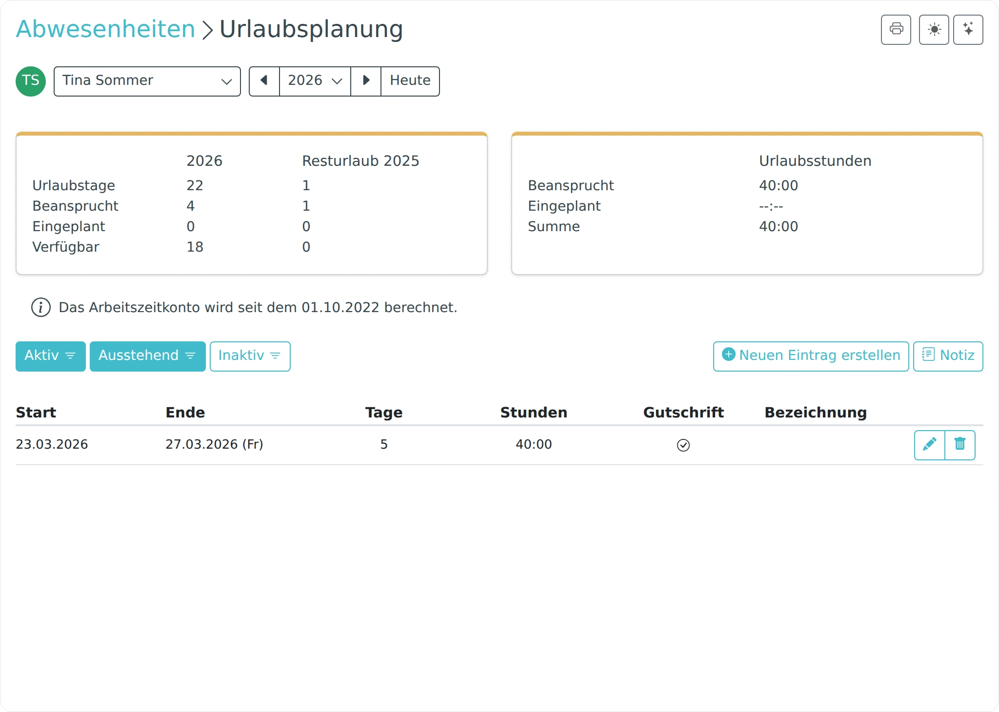 Urlaubsplanung mit Urlaubskonto und Einträgen