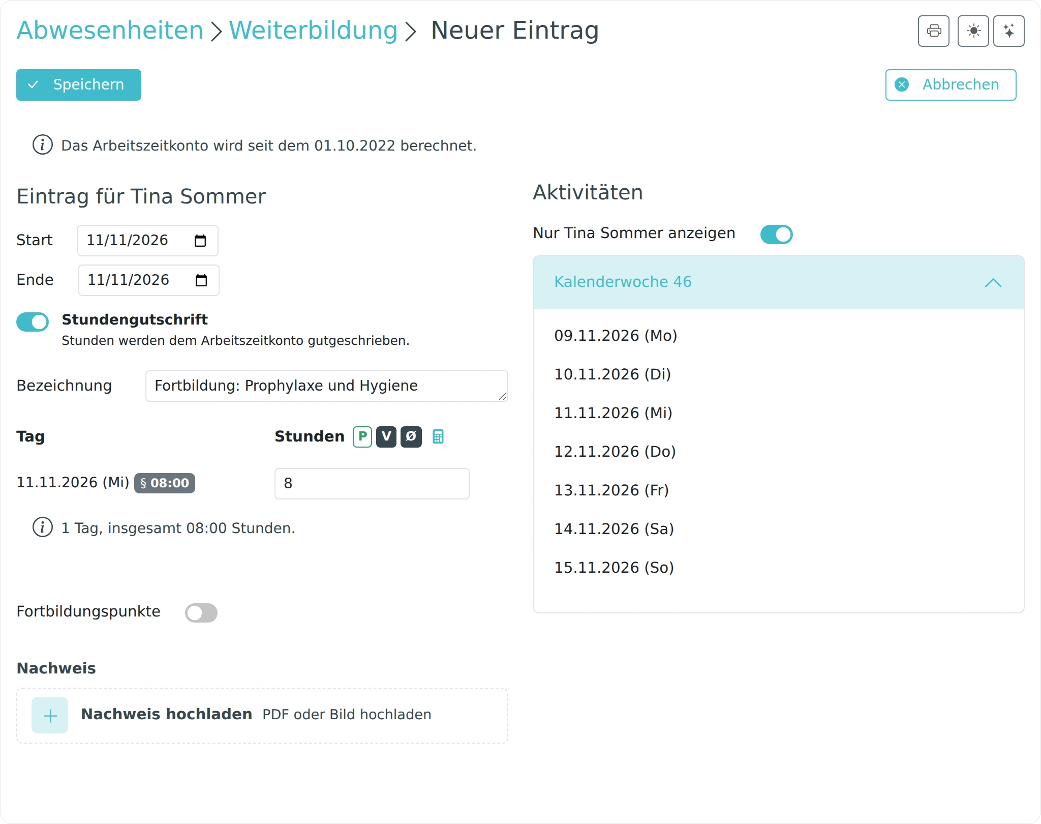 Formular zum Eintragen einer Weiterbildung