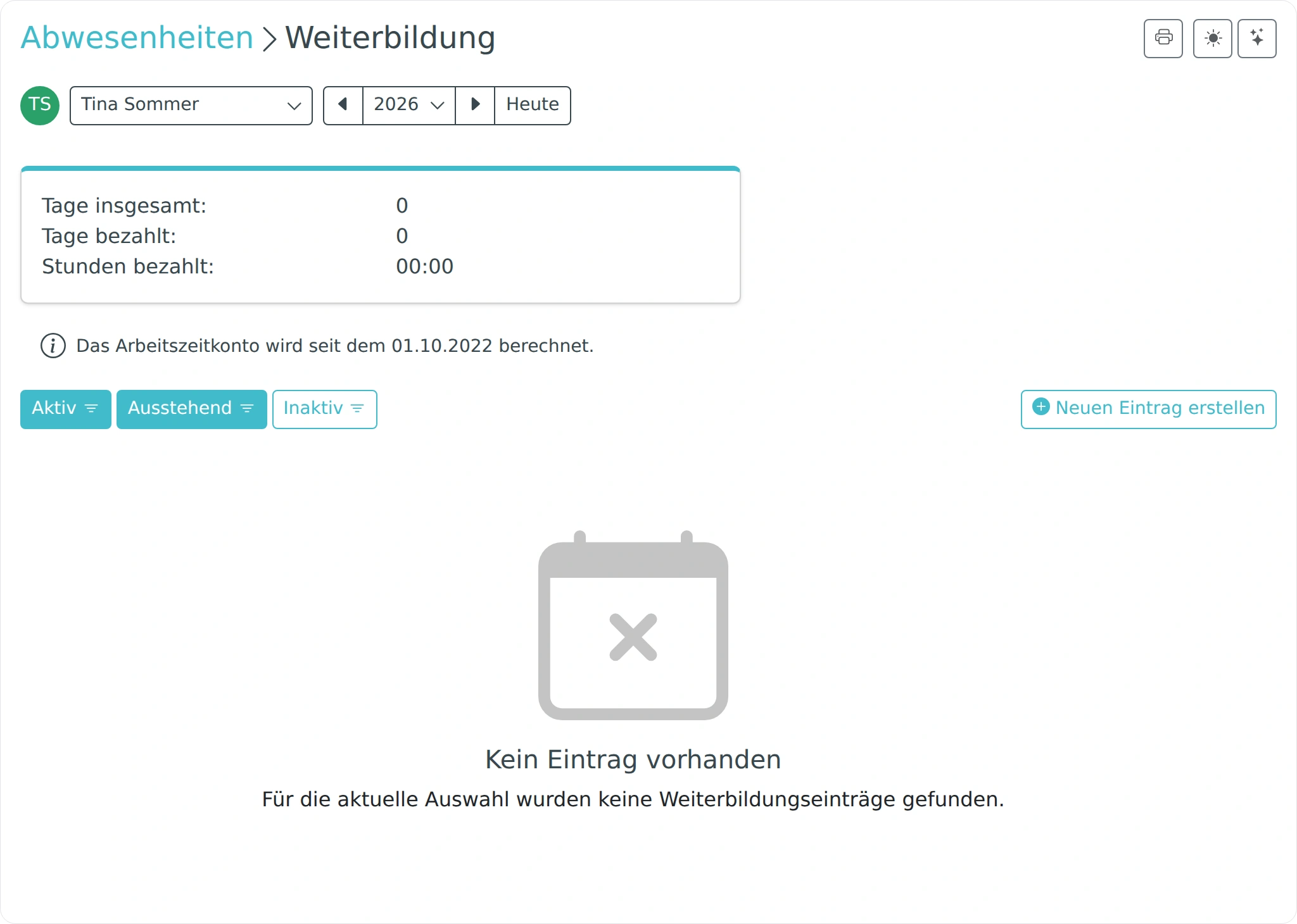 Weiterbildungsübersicht eines Mitarbeiters ohne eingetragene Weiterbildungen