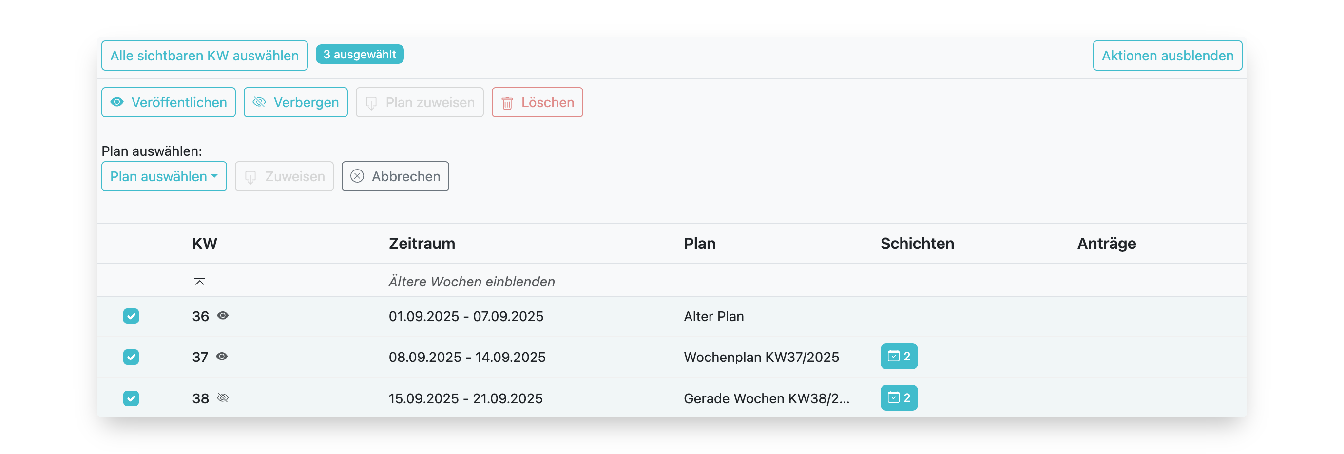 Schichtbelegung anpassen, Löschen, veröffentlichen, verbergen