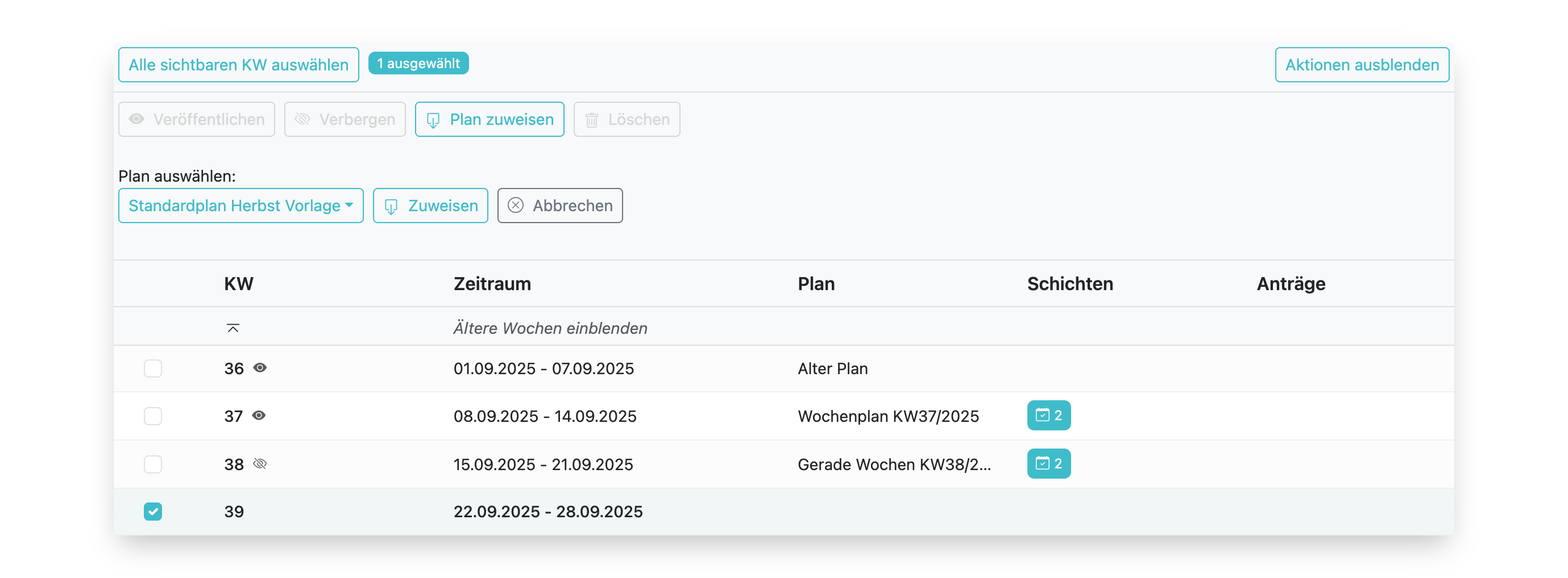 Schichtbelegung Wochenpläne zuweisen